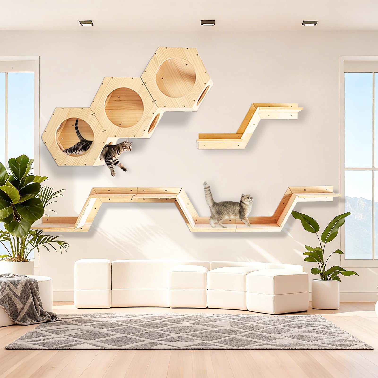 Cat Wall Shelves And Furniture Set With 3 Hexagon 4 Z-shaped Jump Platform (e)