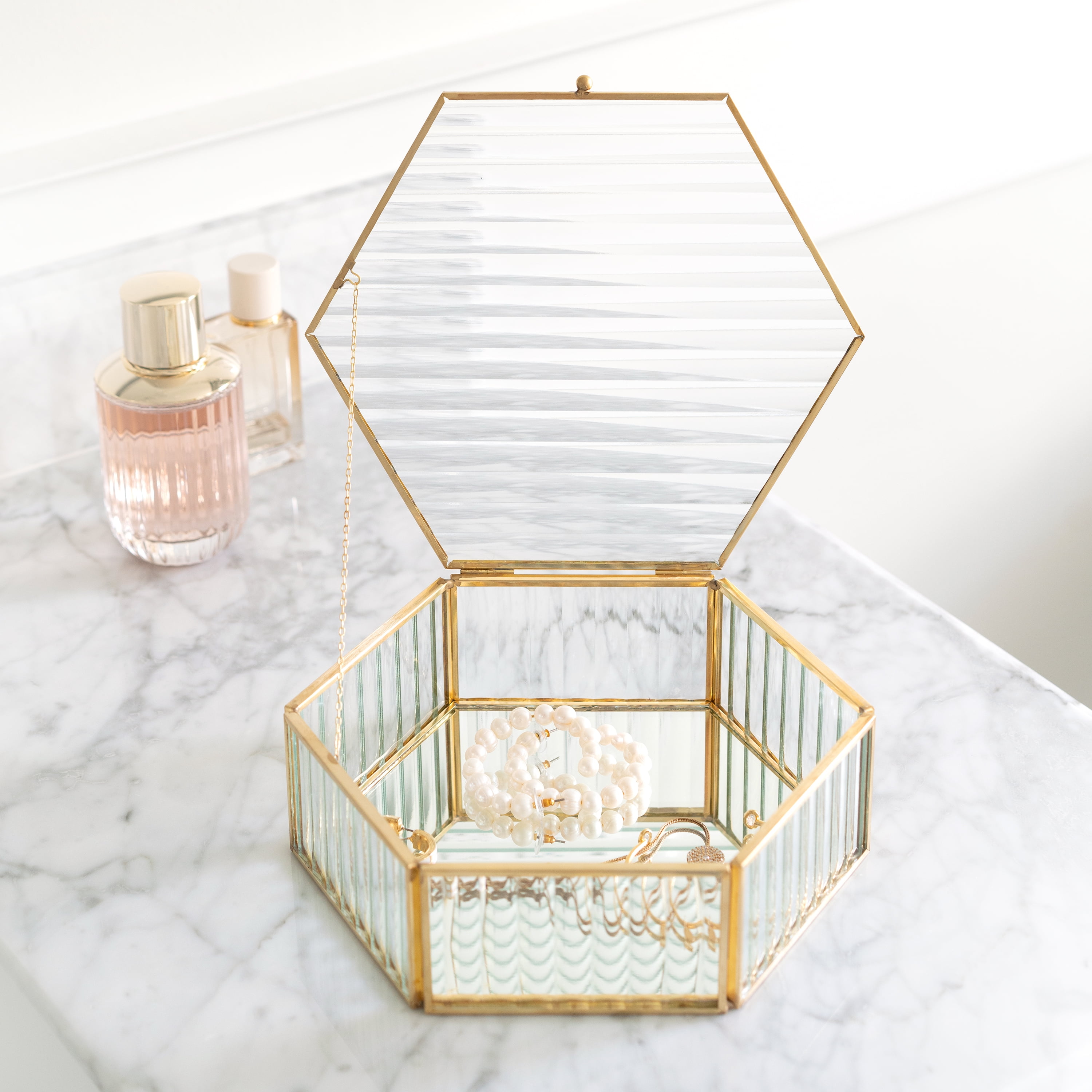 Hexagon Ribbed Clear Glass and Brass Hinged Top Jewelry Box