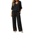 thumbnail image 4 of BRELIL Women's 2 Piece Sets Summer Wide Leg Pants V Neck Short Sleeve Tops Casual Lounge Matching Sets Solid Boho Vacation Travel Outfits Loose Tracksuit, Black 2XL, 4 of 6