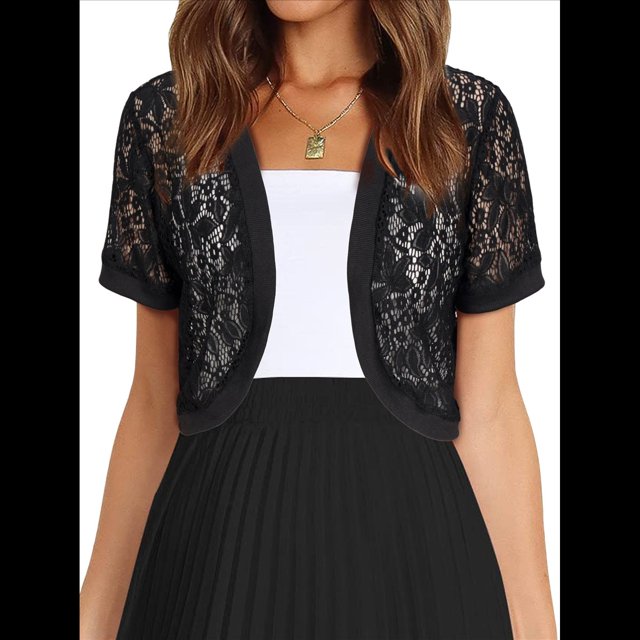 Cárdigan Corto Transparente de Verano con Encaje Floral y Mangas para Mujer Negro L
