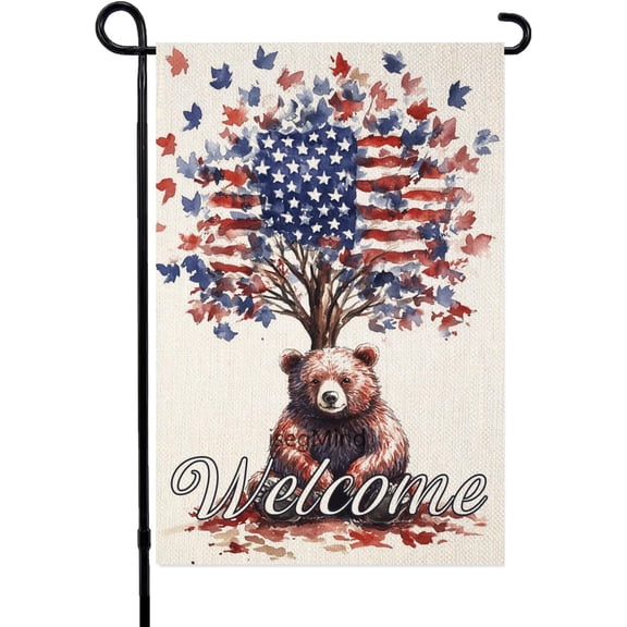 Patriotic Bear Linen Garden Flag, Vertical Double Sided 12x18, Red and Blue Outdoor Holiday Decoration