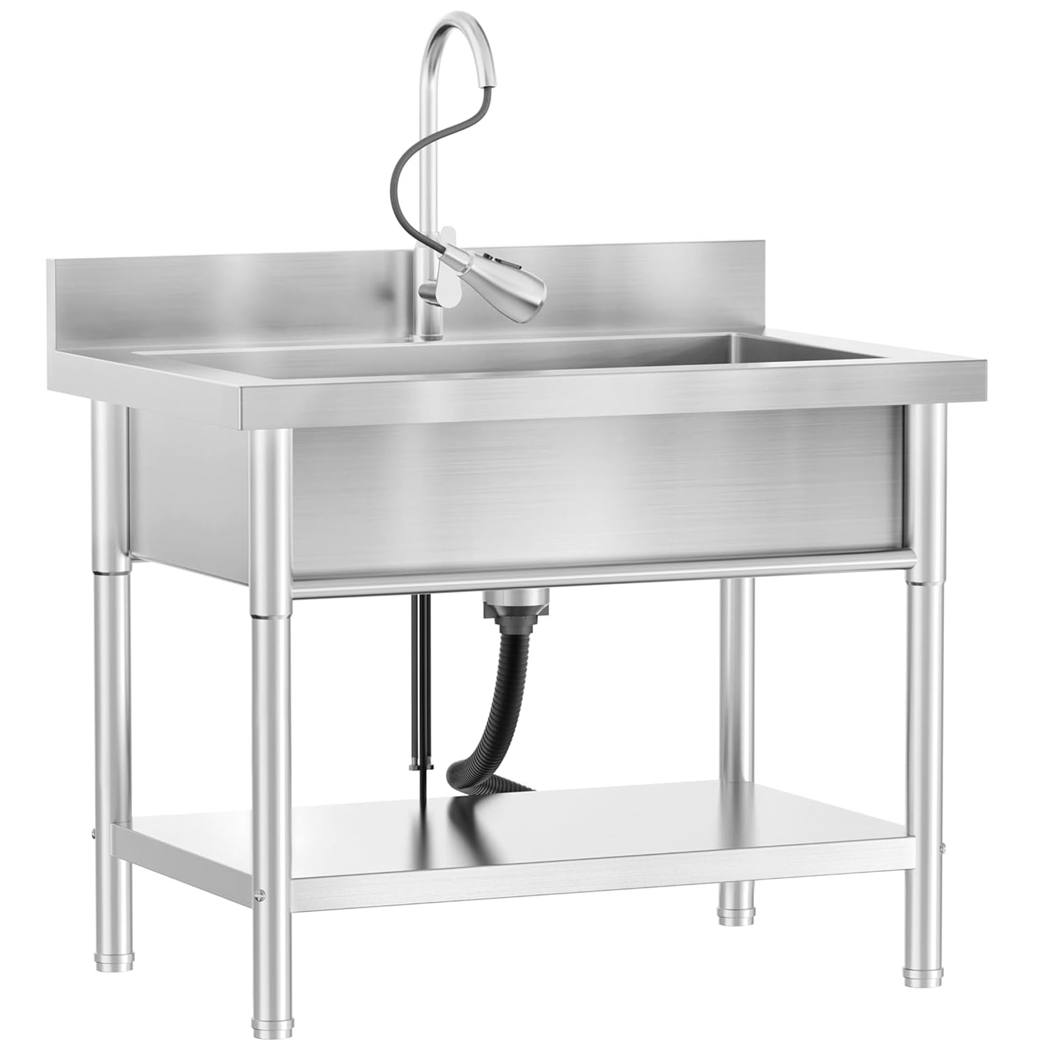 Stainless Steel Utility Sink, 39.5" × 23.6" × 31.5"Freestanding Sink with Pull-Out Cold and Hot Water Faucet,Hoses and Drain Kit for Pet, Kitchens, Bathrooms, Garage, Laundry Room