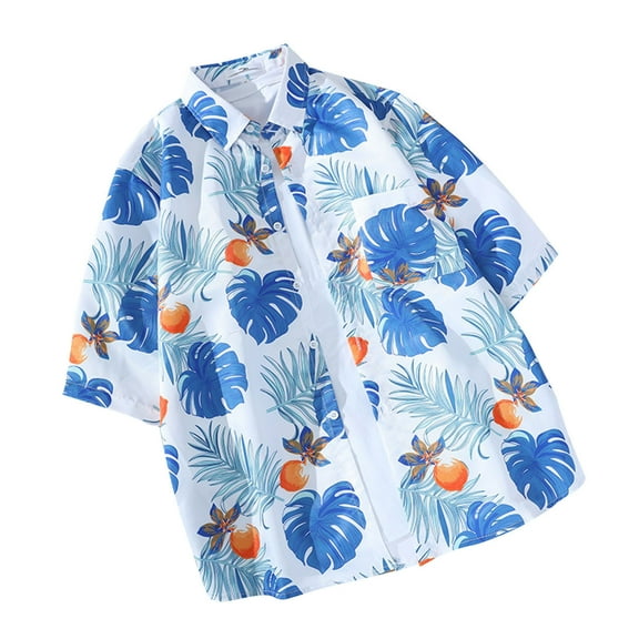 Wyobmus Hawaiian Shirt for Men Summer Holiday Casual Short Sleeve Shirt Fresh Printing Collared Button Blouse B-White
