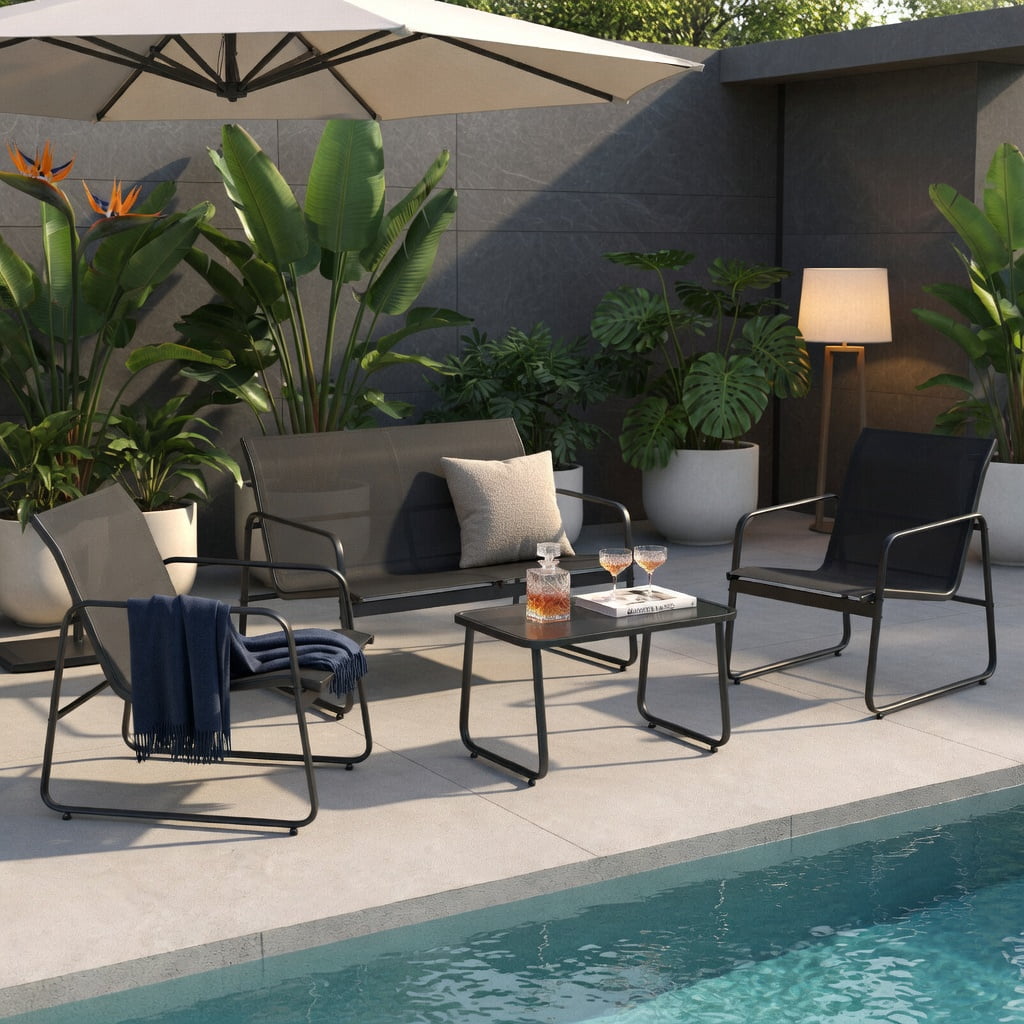 Hommoo 4-Piece Outdoor Patio Conversation Set with Tempered Glass Coffee Table, Metal Frame Loveseat & Armchairs for Backyard, Garden, or Deck, Black