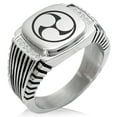 thumbnail image 1 of Stainless Steel Ujiie Samurai Crest CZ Ribbed Needle Stripe Pattern Biker Style Polished Ring, 1 of 1