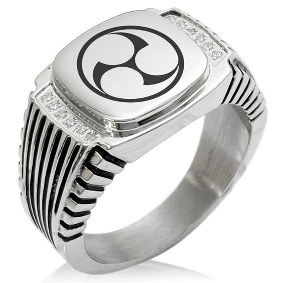 Stainless Steel Ujiie Samurai Crest CZ Ribbed Needle Stripe Pattern Biker Style Polished Ring