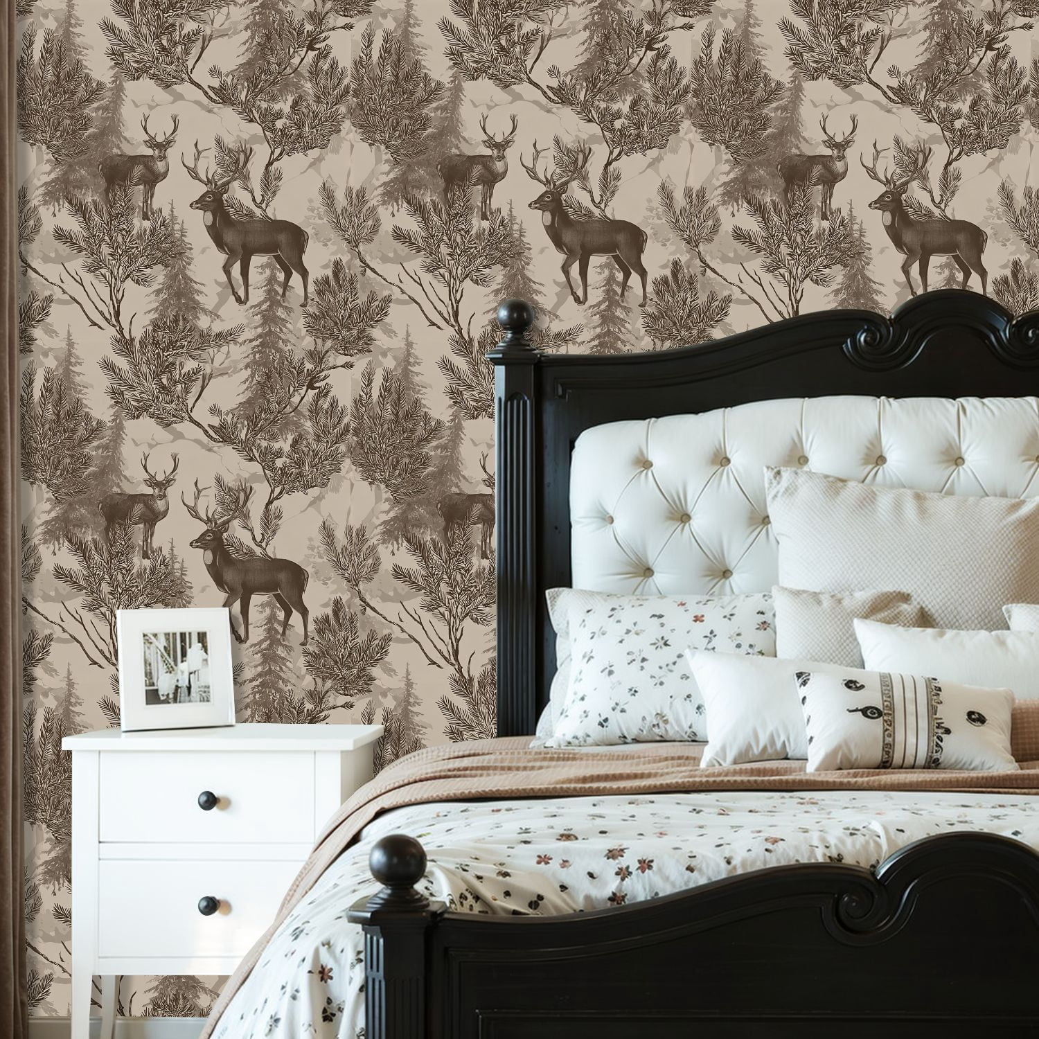 Peel and Stick Wallpaper Deer Woodland Forest Sepia Tones Pine Branches Wall Mural 23.6in x 9.8ft Self Adhesive Removable Wall Paper Renter Friendly Wallpaper for Nursery Bedroom Cabinets