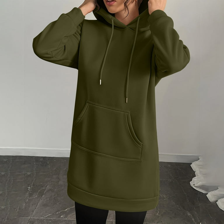 OGLCCG Hoodie Dress for Women Long Sleeve Fleece Hooded Sweatshirts Dresses  with Pocket Fall Winter Casual Drawstring Pullover Tunic Tops,XL,Army Green  - Walmart.com