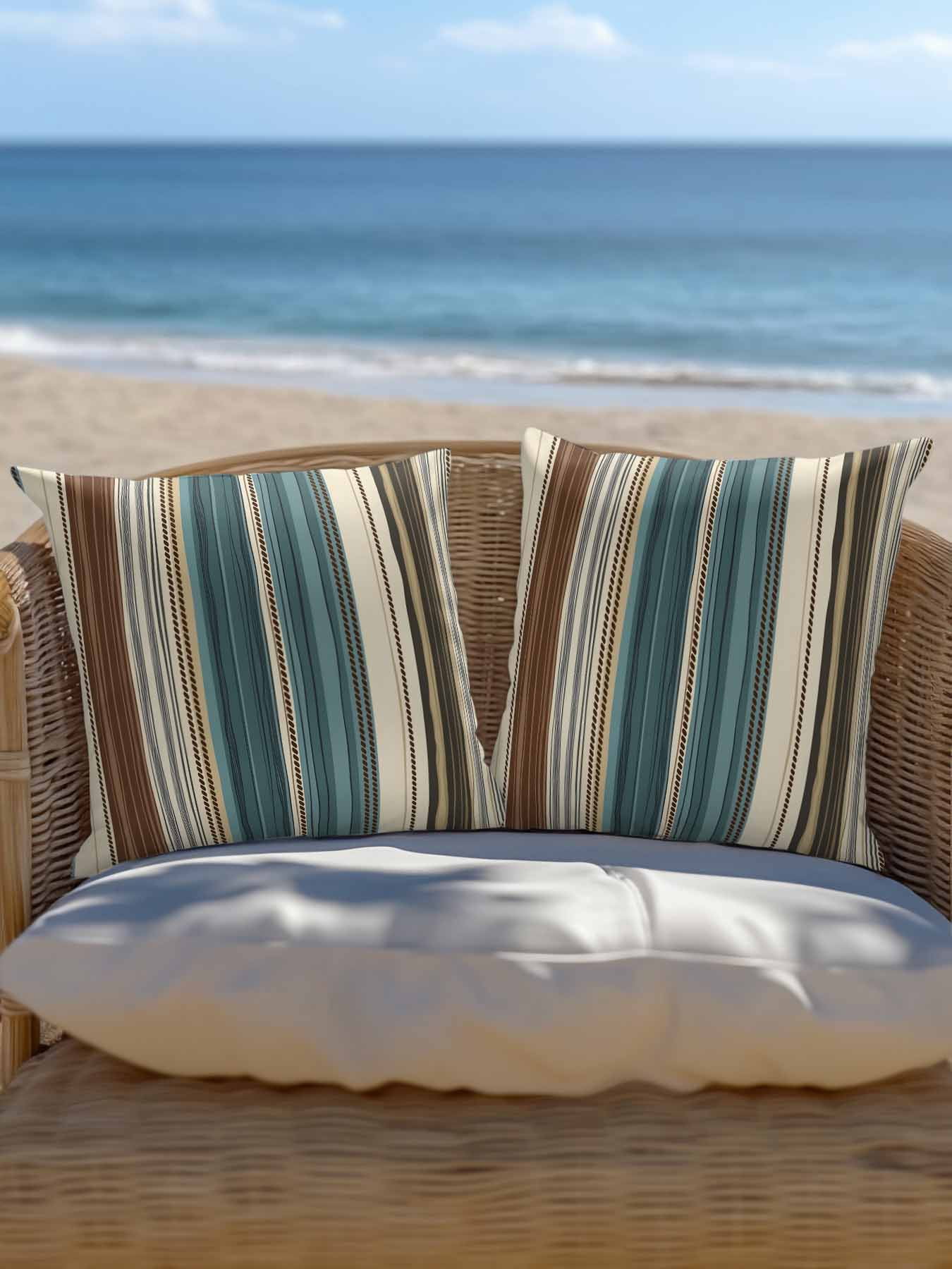 Waterproof Outdoor Throw Pillows with Inserts 16"x16", Teal Boho Stripes Soft Decorative Pillowcases for Couch Bedroom, Modern Bohemia Brown Beige Texture Pillow Covers for Sofa Living Room