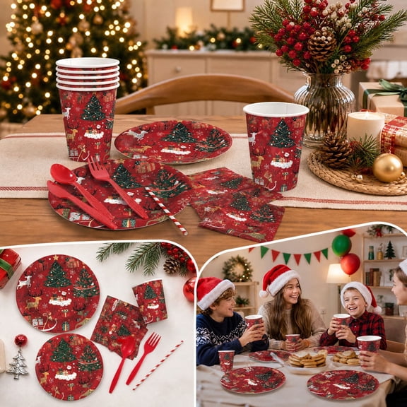 Christmas Tableware Collection, Decorative Holiday Dinner Set With Matching Plates Cups Straws Utensils And Napkins, Party Supplies For Indoor Gatherings And Seasonal Celebrations