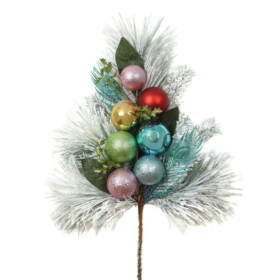 Christmas Spray Pick, Snowy Pine, Flocked, Multicolor Ball Ornaments, Glittered Sprouts, 30 inches