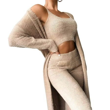 

Women s Fuzzy Pajamas 3pc Suit Hooded Cardigan Crop Top for Vacation Fall Spring Summer M Camel