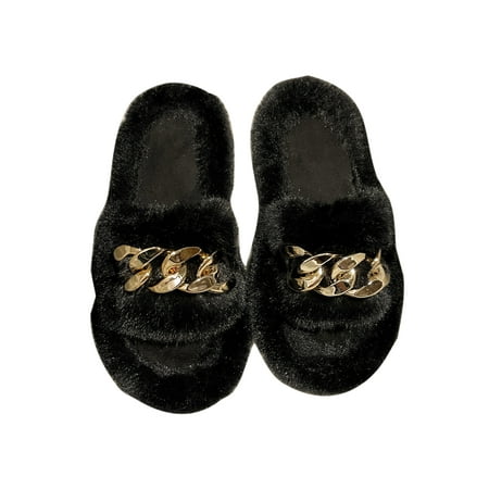 

Wazshop Women Slippers Open Toe Winter Slipper Soft Plush Warm Shoe Cozy Slip On Fluffy Slides Ladies House Shoes Metal Decoration Comfort Black 8.5