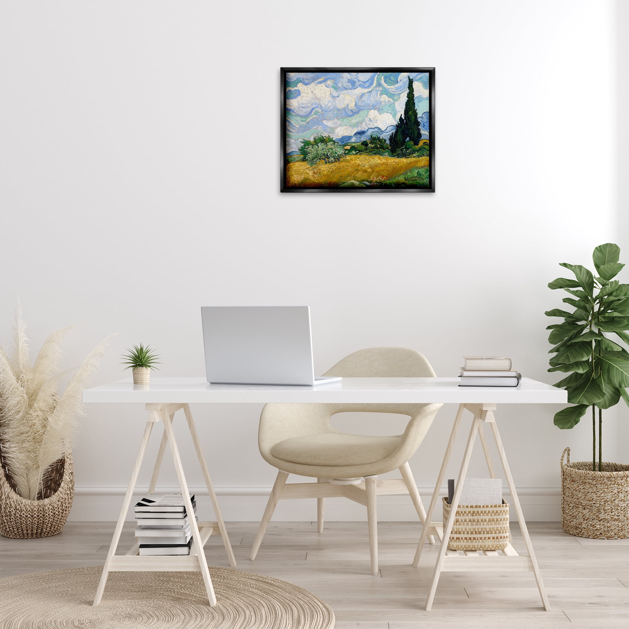 Stupell Industries Classical Wheat Field with Cypresses Landscape & Nature Painting Black Floater Framed Canvas Art Print Wall Art, 21 x 17