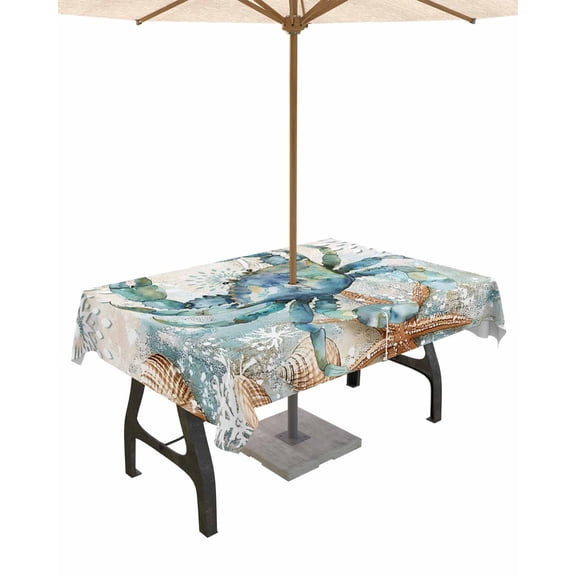 Fsddascl Teal Crab Coastal Outdoor Tablecloth - 54x80 Inch Rectangle Dining Table Cover, Nautical Summer Beach Starfish Ocean Waterproof Outdoor Table Cloth with Umbrella Hole & Zipper for Patio