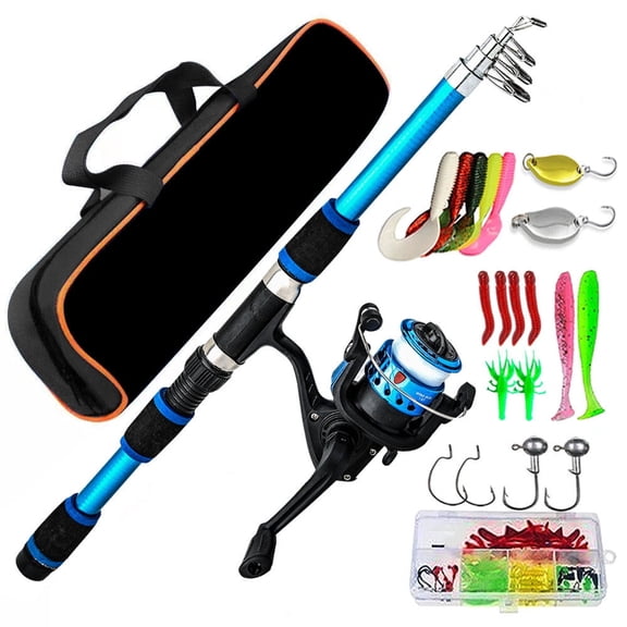 Fishing Rod and Reel Combo Full Kit 1.8m Telescopic Casting Rod Pole with Spin cast Reel and Hooks Lures Swivels Carry Bag,Blue