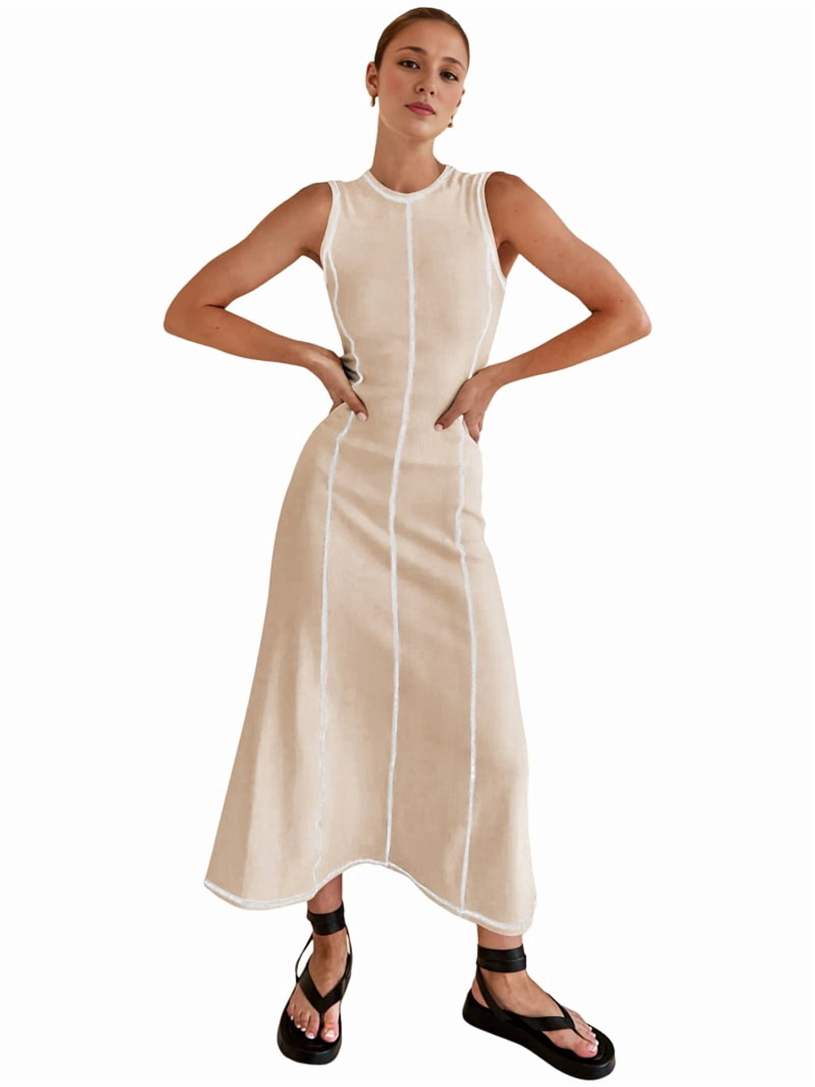 Womens Sleeveless T Shirt Dress Summer Contrast Ribbed Knit Tank Maxi Dresses Beige L