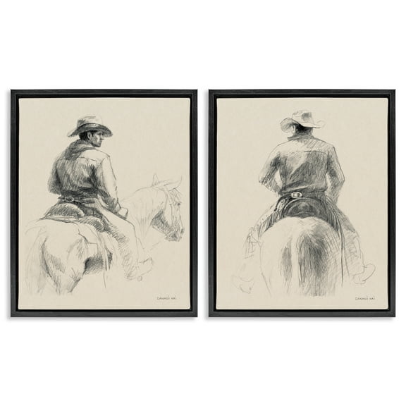 Stupell Industries Sketched Cowboy on Range People Drawing Black Floater Framed Canvas Art Print Wall Art, 17 x 21, Set of 2