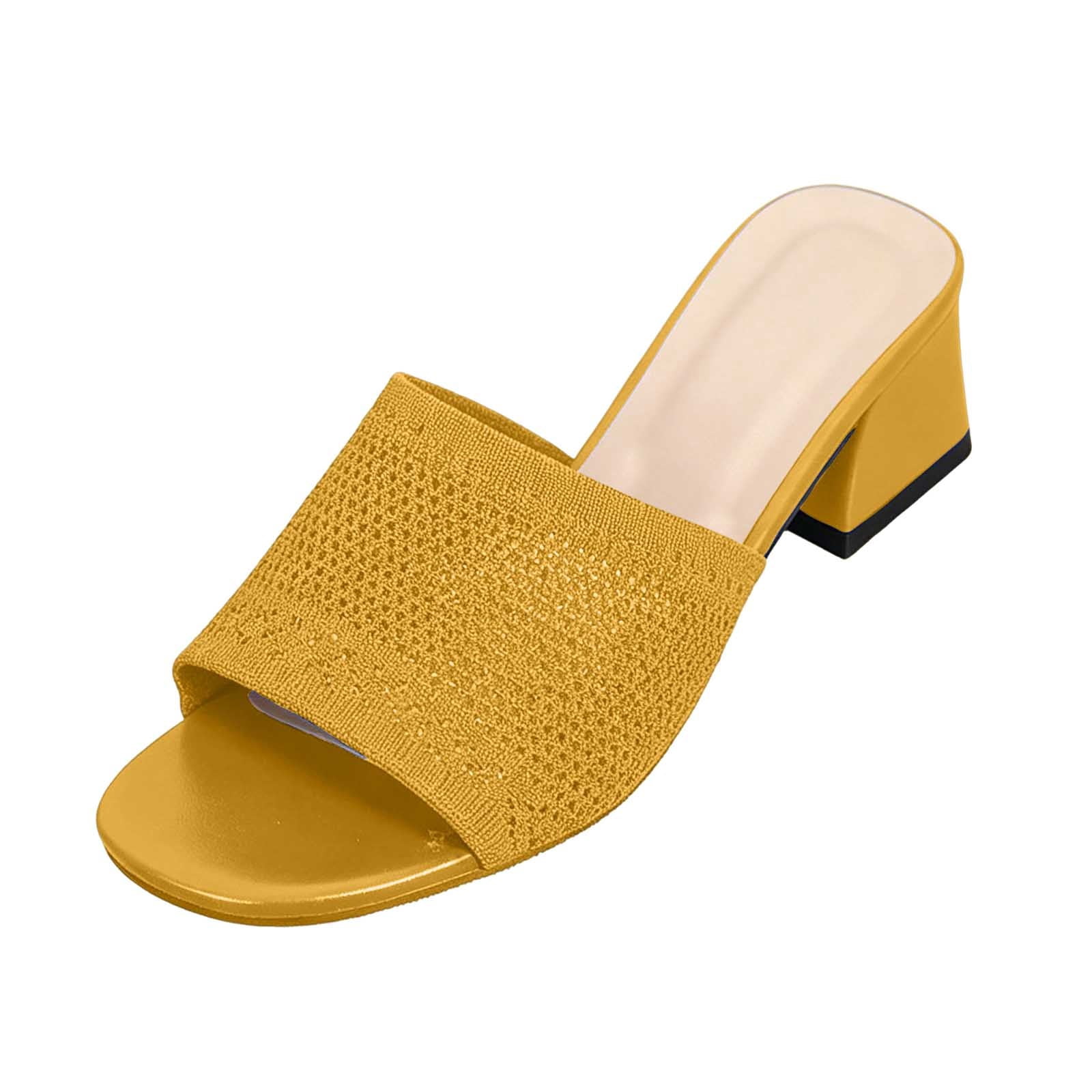 Hinvhai Open Toe Low Heeled Slides Sandals Elastic Band Wide Thick