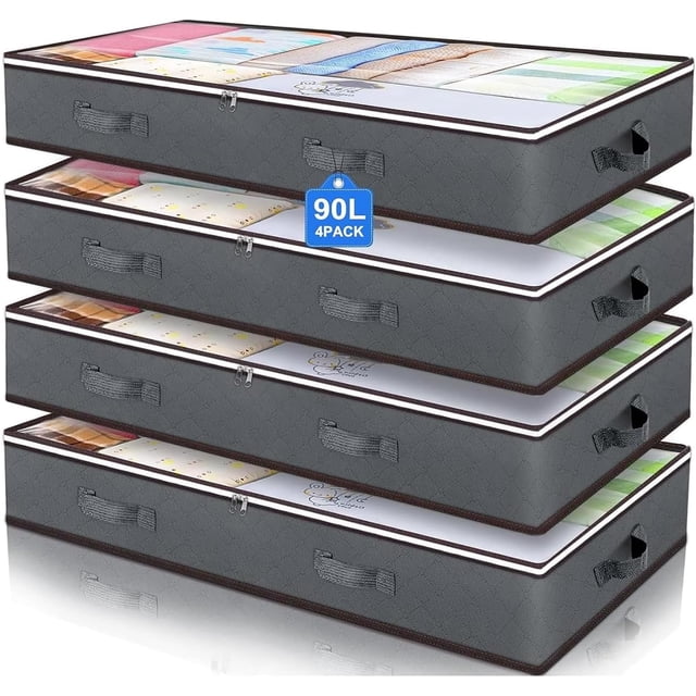 Contenedores de almacenamiento debajo de la cama, Pack de 4 Organizadores para Colocar Bajo la Cama, Bolsas Plegables Debajo de la Cama, para Edredones, Mantas, Ropa de Cama (Gris)