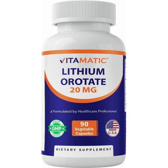 Vitamatic Lithium Orotate 20mg, 90 Capsules - Veggie Caps, Non-GMO, Gluten Free