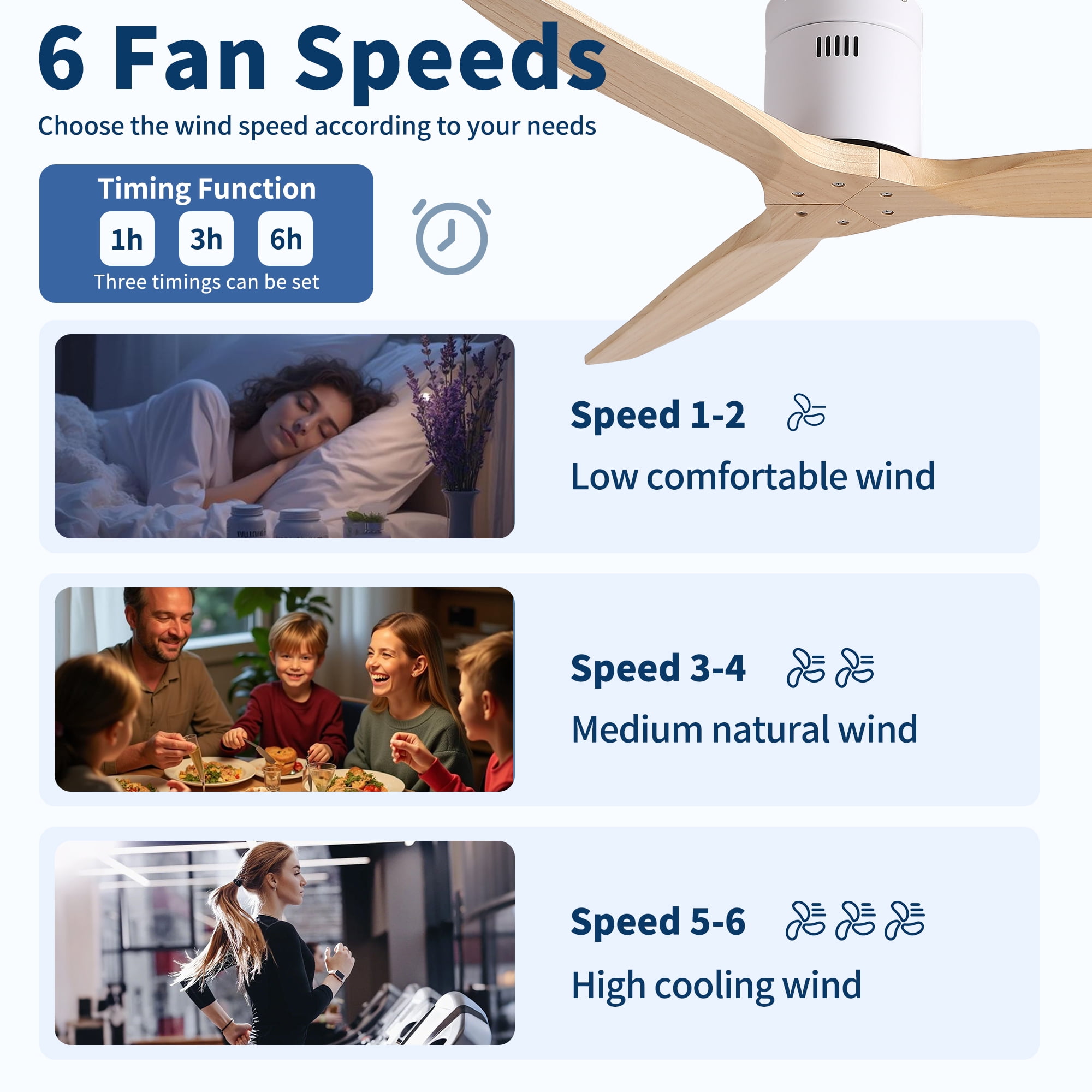 Leumius 52" Mordern Cozy Vibrant Natural Style Solid Wood Low Profile Flush Ceiling Fan without Light for Living Room Bedroom