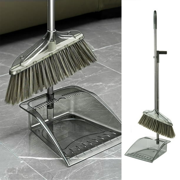 Juego de recogedor y escoba transparente con cerdas suaves | Mango telescópico | Plástico gris verdoso | Combo de limpieza para interiores y exteriores | Escoba de 89 cm y recogedor de 76 cm