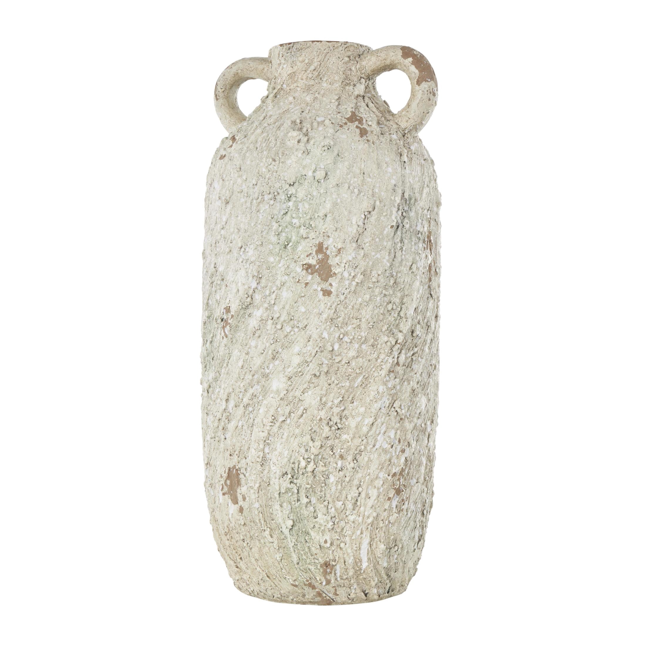DecMode 15" Antique Textured Amphora Cream Magnesium Oxide Vase with 2 Small Handles