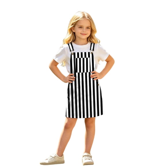 Bainana Kids Girls Sleeveless Striped Printed Overalls Dress With Pocket Casual Breathable Child Suspender Dress For Beach Vacation Size 4-5 Years Black