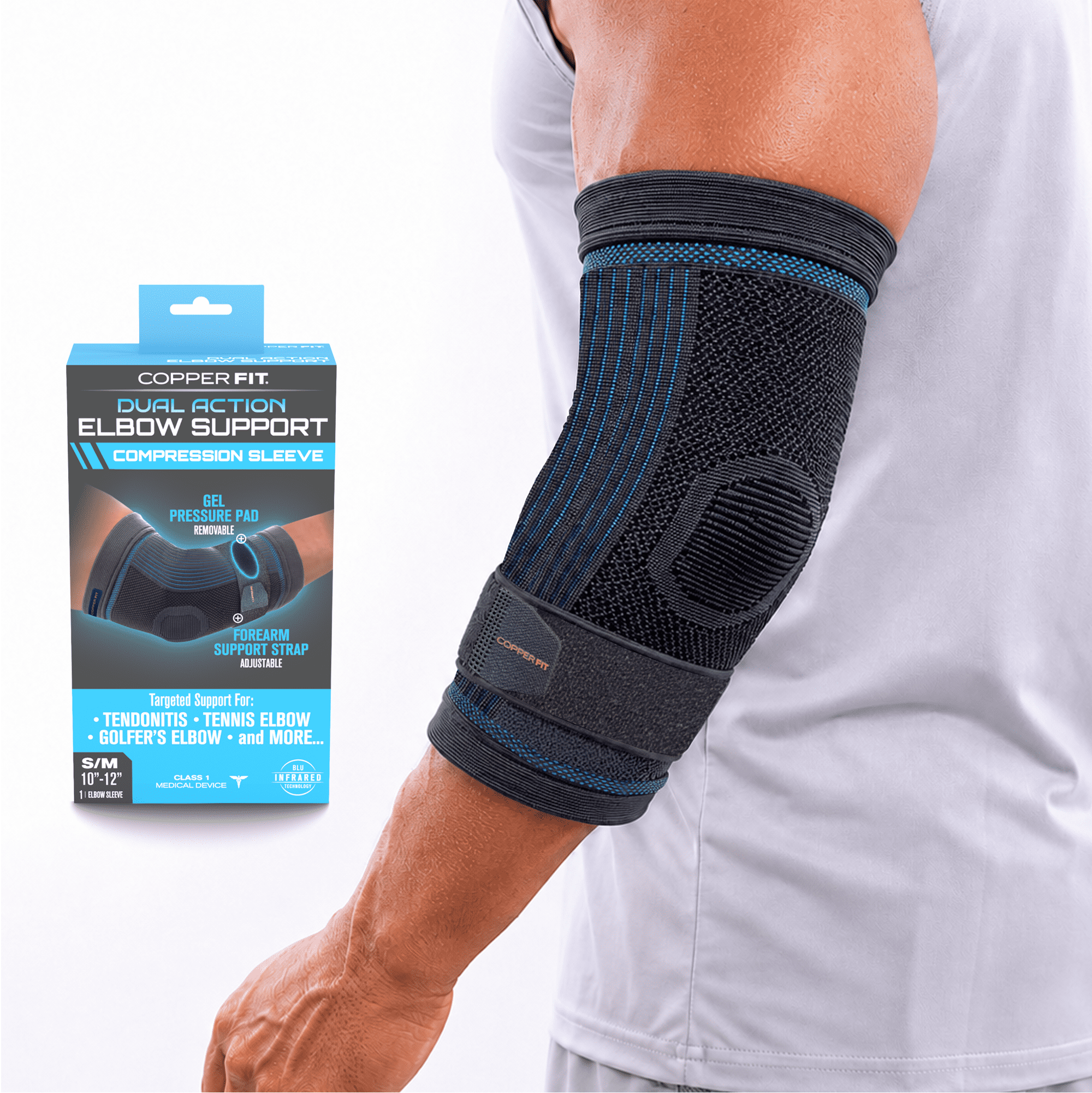 Copper Fit Dual Action Elbow Compression Sleeve, Supports Tendonitis, Removable Gel Pressure Pad, L/XL