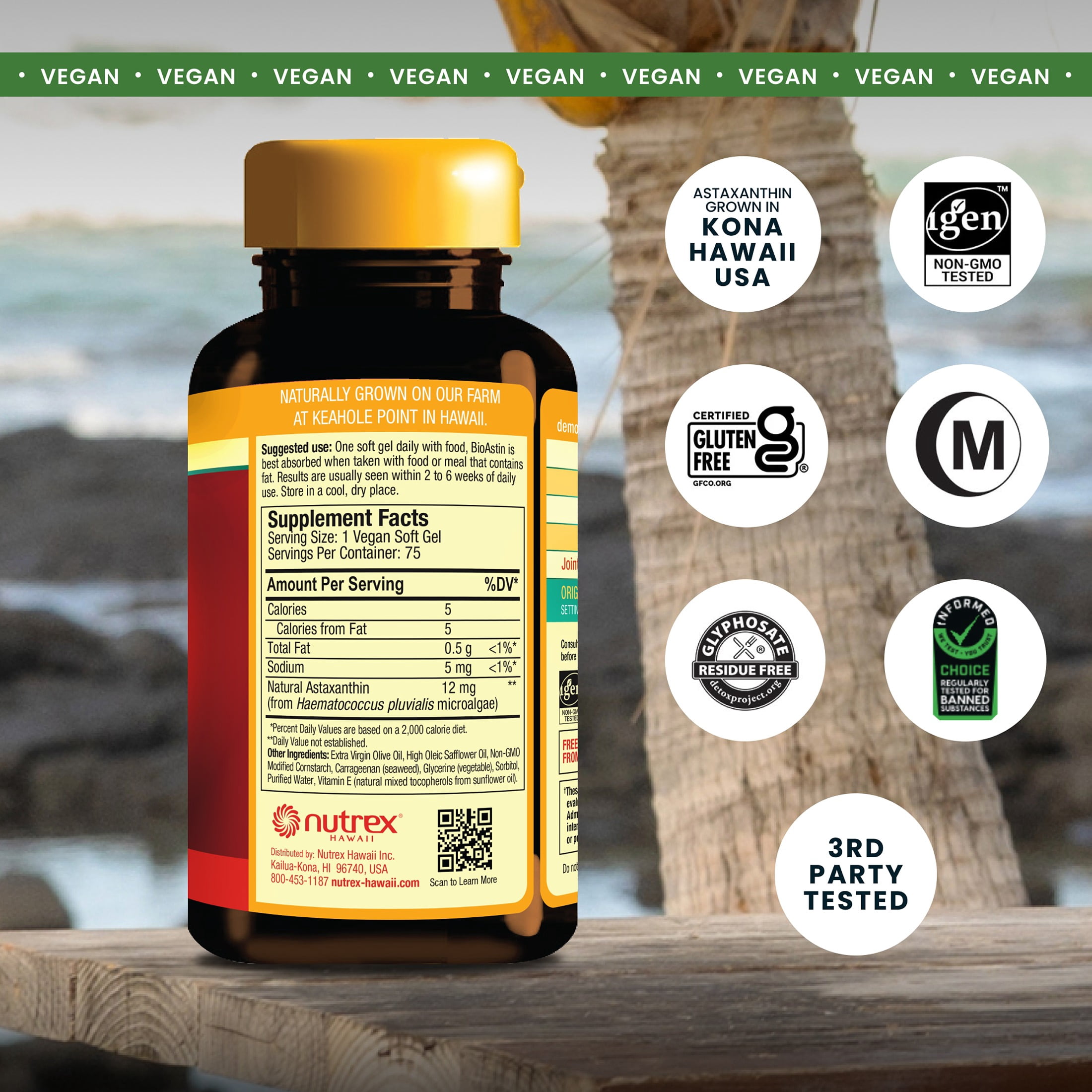 Nutrex Hawaii BioAstin Hawaiian Astaxanthin - Antioxidant Support for Skin and Immune Health - First-Class Microalgae Grown in Kona, Hawaii - Non-GMO and Gluten-Free- Vegan- 12mg Dosage, 75 Softgels