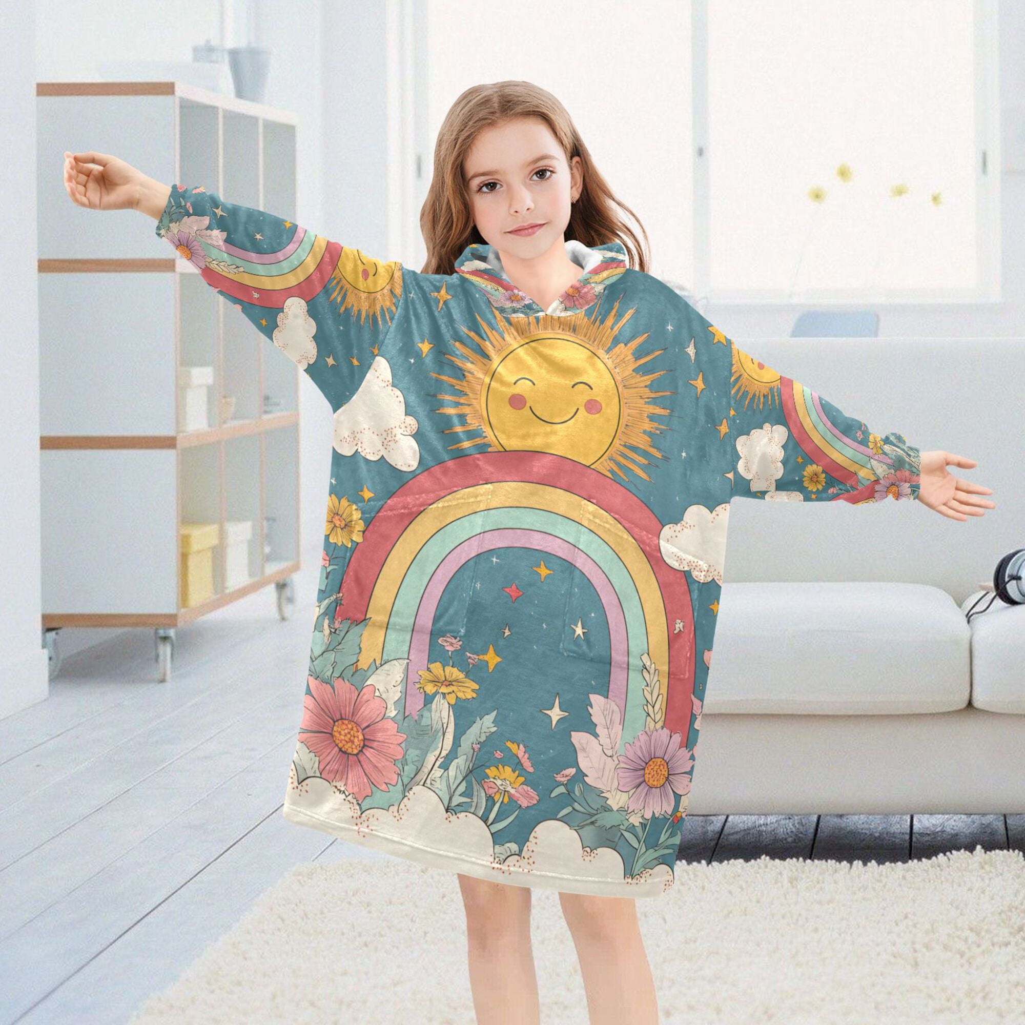 FORMRS Wearable Blanket Hoodie with Sleeves for Kids Cozy Flannel Sweatshirt, Blue Rainbow