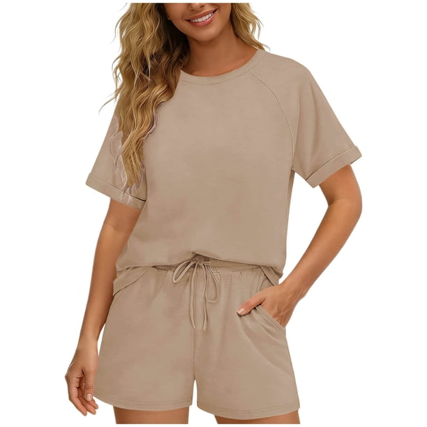 TaTaai Women's Short Sleeve Top and Shorts Set Round Neck Design Elastic Waist Shorts with Pockets Solid Color Casual Two Piece for Summer Daily Activities Gift