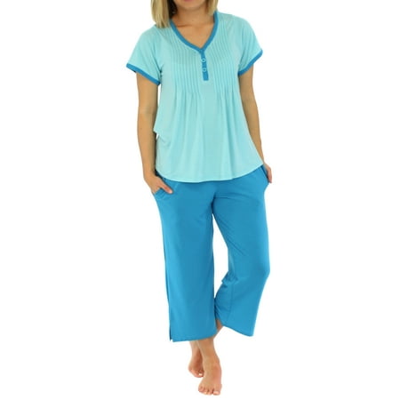 PajamaMania Women's Sleepwear Knit Short Sleeve V-Neck Top and Capri Pant Pajama