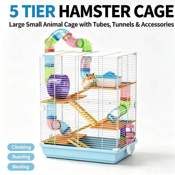 5 Tier Hamster Cage – DIY Design Large Small Animal Cage with Tubes, Tunnels, Hut, Wheel, Food Dish & Water Bottle, Light Blue