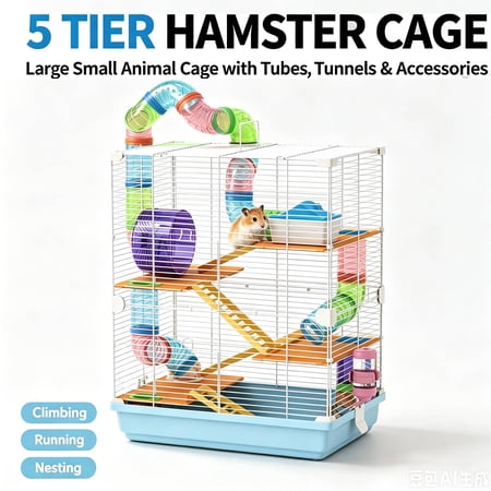 5 Tier Hamster Cage – DIY Design Large Small Animal Cage with Tubes, Tunnels, Hut, Wheel, Food Dish & Water Bottle, Light Blue