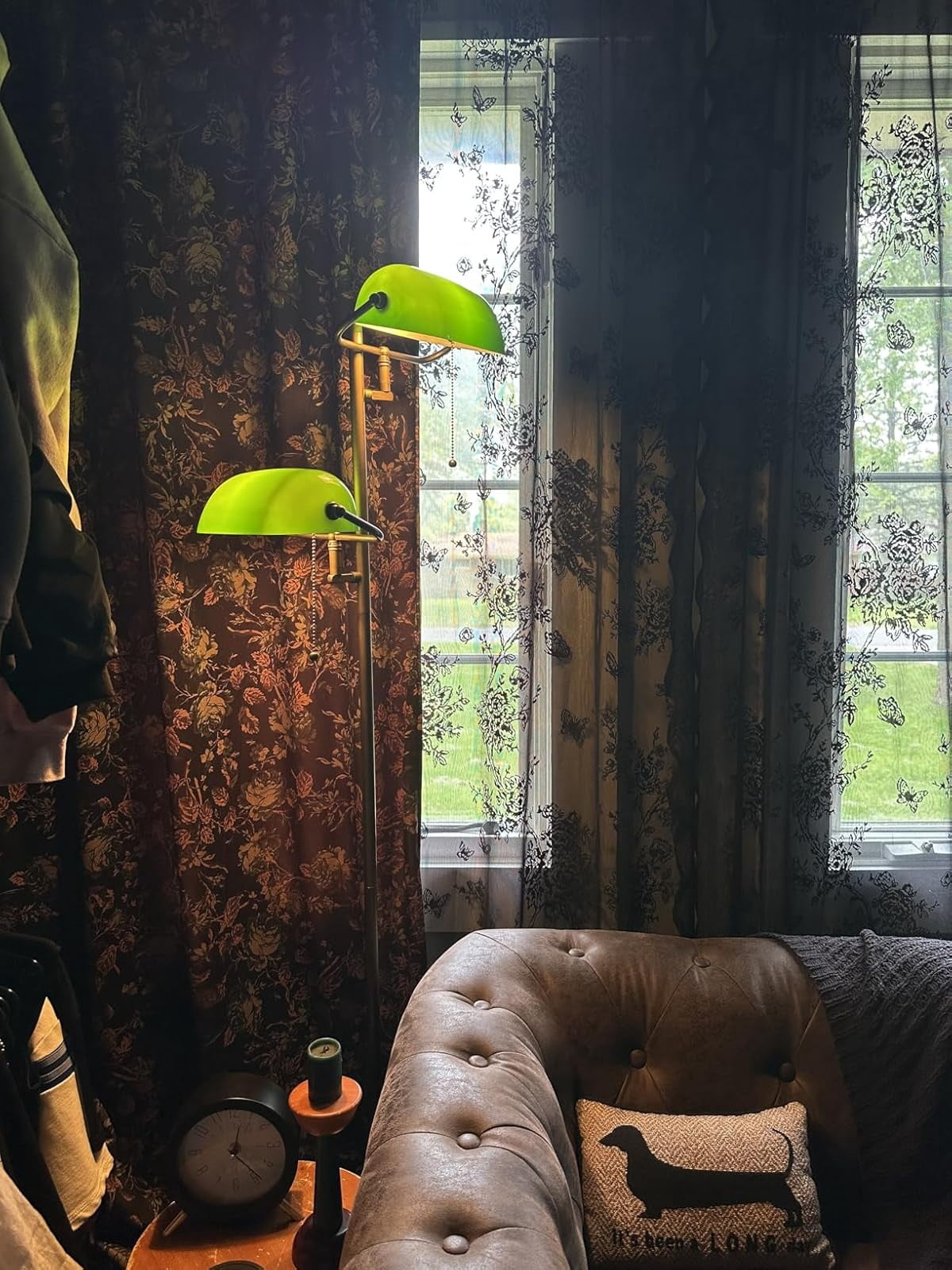 Vintage Green Glass Bankers Floor Lamp with Adjustable Arm & Pull Chain Switch,Satin Brass Finish,Standing Reading Lamp for Bedroom, Office, Living Room(not include bulb)