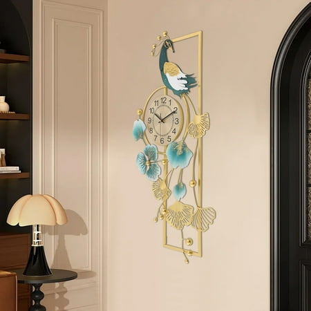 Modern Metal Gold Peacock & Ginkgo Leaves Wall Clock 19.69*39.37in for Bedrooms, Dining Rooms, Entrances