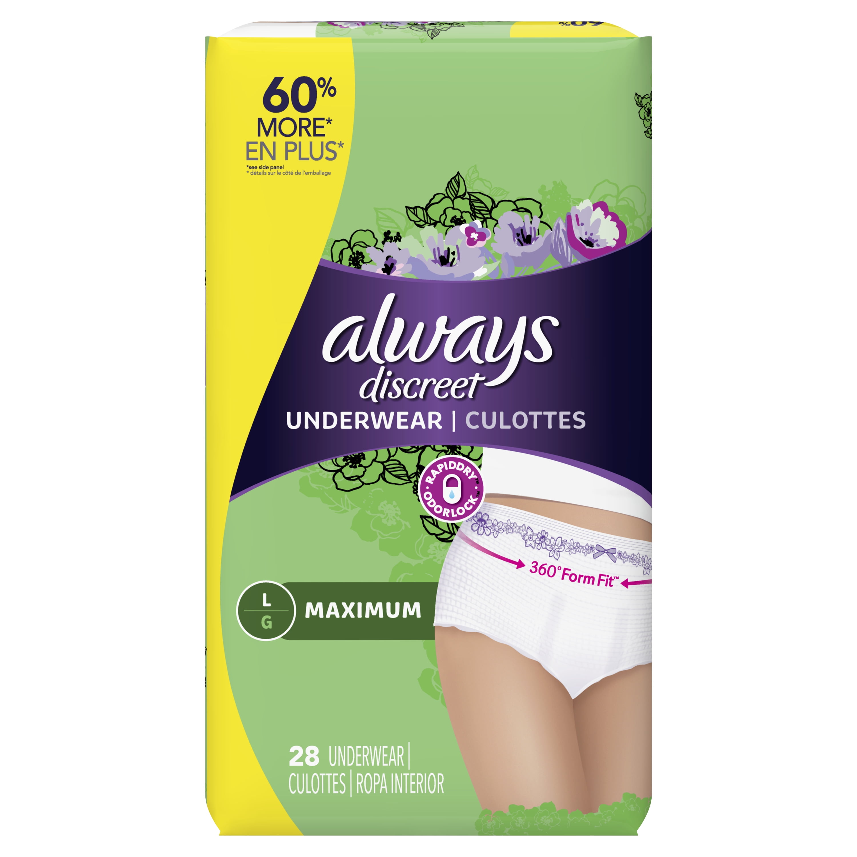 Always Discreet Incontinence Underwear for Women, Maximum, Large, 28 ct
