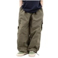 thumbnail image 1 of Kid's Girls Cargo Pants Solid Elastic Waist Drawstring Full Length Pants 3-14 Years Olive Green, 1 of 3