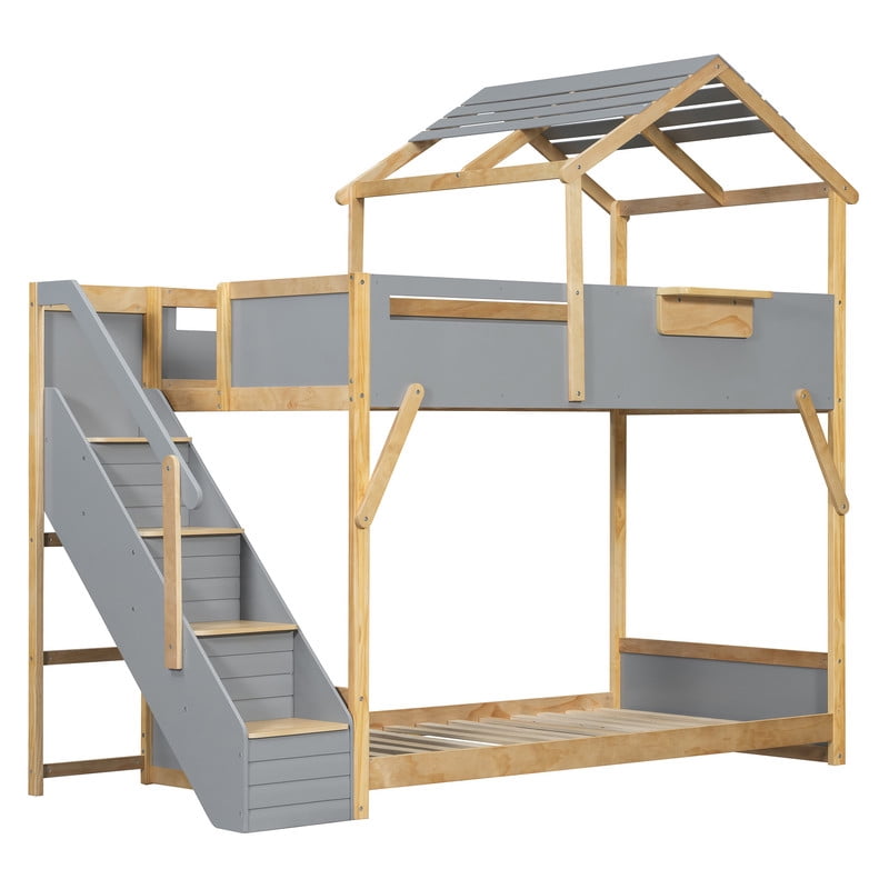 Twin over Twin House-Shaped Bunk Bed with Roof & Stairs, Kids Bed Frame with 3-Color LED Lights & Bedside Storage Shelf
