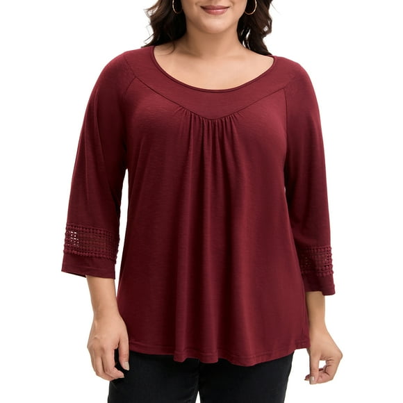 Agnes Orinda Women's Plus Size Tops Long Sleeve Crochet Panel Hollow Out Pleated Casual Tunics Blouse 3X Burgundy