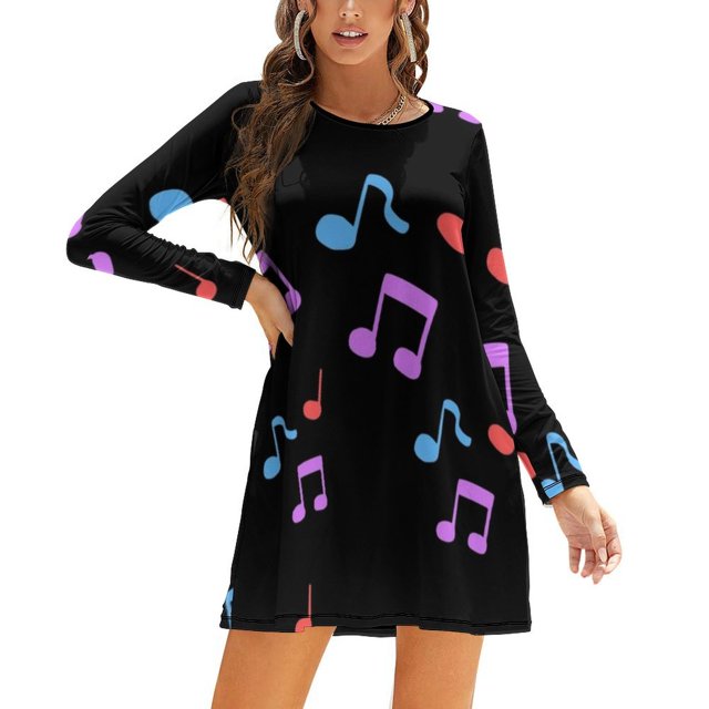 Playful Notes Print Shirt Dress Autumn Winter Female Dress Long Sleeve Dress Note Clef Melody Music Notes Rhythm Treble Note