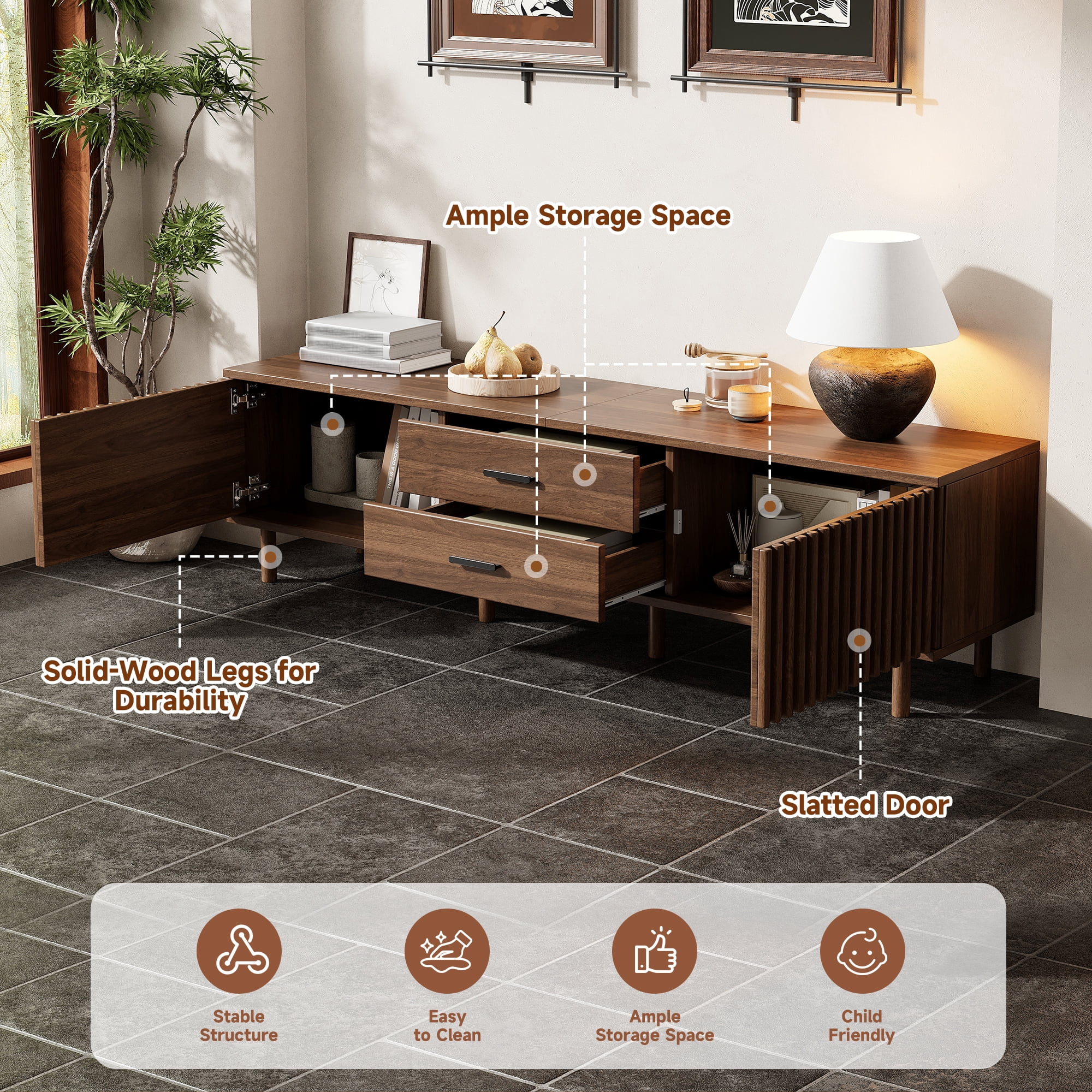 70in TV Stand for TVs up to 80 inches for Living Room, Media Entertainment Center with Ample Storage & Solid-Wood Legs