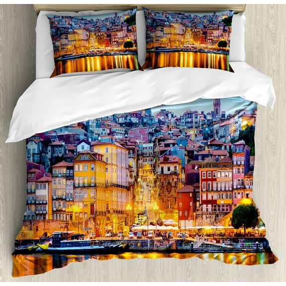 European Duvet Cover Set, Medieval Town Coast Portuguese Porto Old City Historical Twilight Scenery, Decorative 3 Piece Bedding Set with 2 Pillow Shams, Calking Size, Ginger Pale Blue, by Ambesonne
