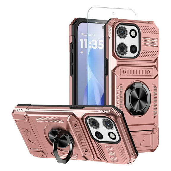 Allytechgroup for Motorola Moto G 5G 2025 Case with Screen Protector, Rugged Ring Holder Stand Cards Slots Anti-Scratch [Sliding Camera Cover] Shockproof Bumper Phone Case for Moto G 5G 2025,Rosegold