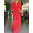 thumbnail image 2 of Red Womens Elegant Pleated V-Neck Batwing Sleeve High-Waist Maxi Dress, 2 of 2