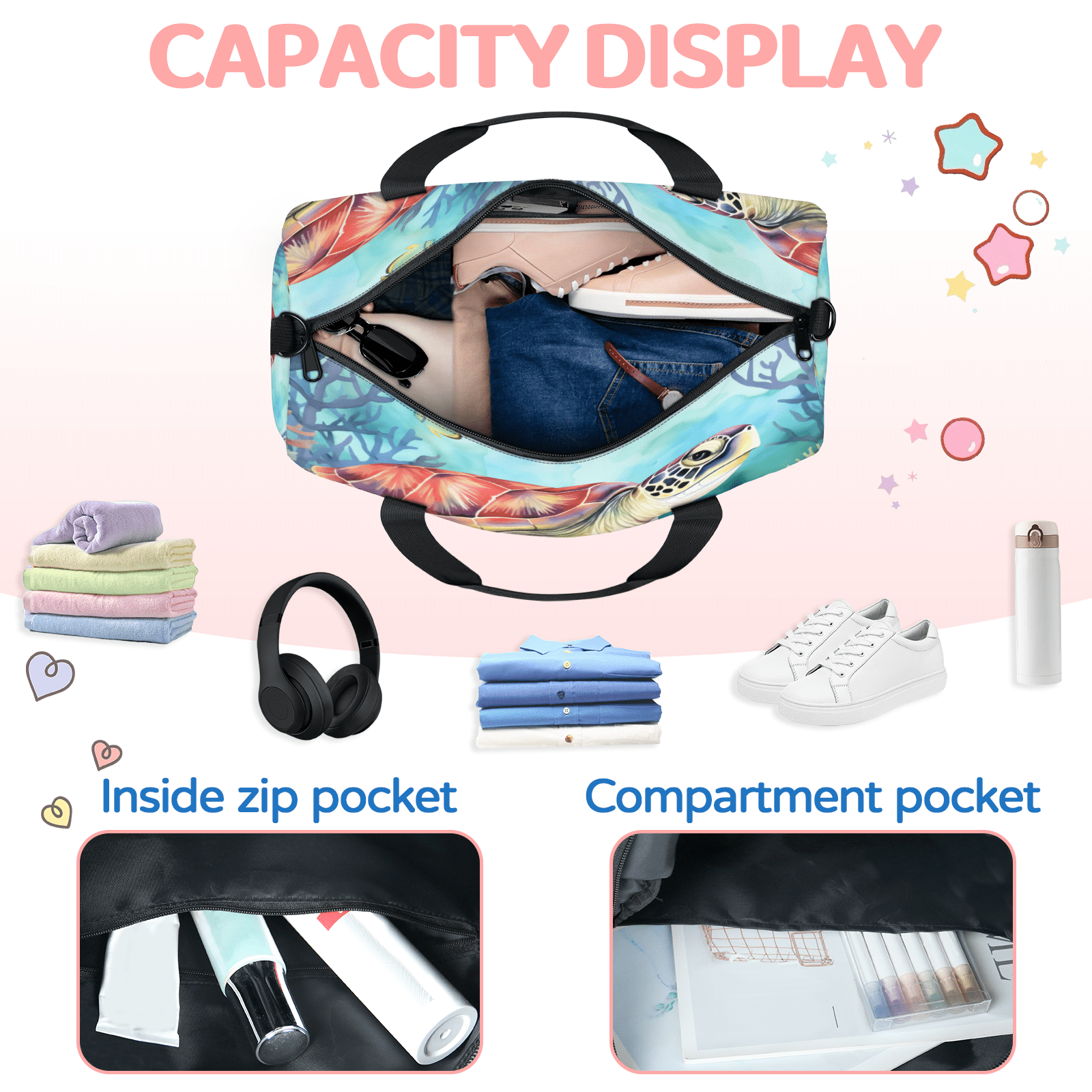 Herdesigns Sea Turtles Ocean Tortoise Gym Bag for Women, Duffle Bag for Travel Sport, Lightweight Waterproof Carry on Weekender Overnight Dance Yoga Workout Bags