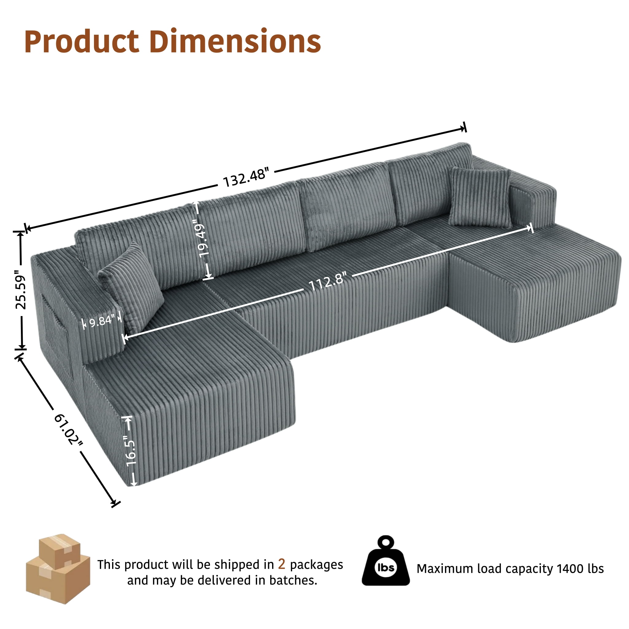 ShiKeyi 132.5" Modern U-Shaped Modular Sectional Sofa with Double Chaise, Corduroy Fabric Cloud Couch Set with Storage Pockets for Living Room, No Assembly Required, Drak Gray