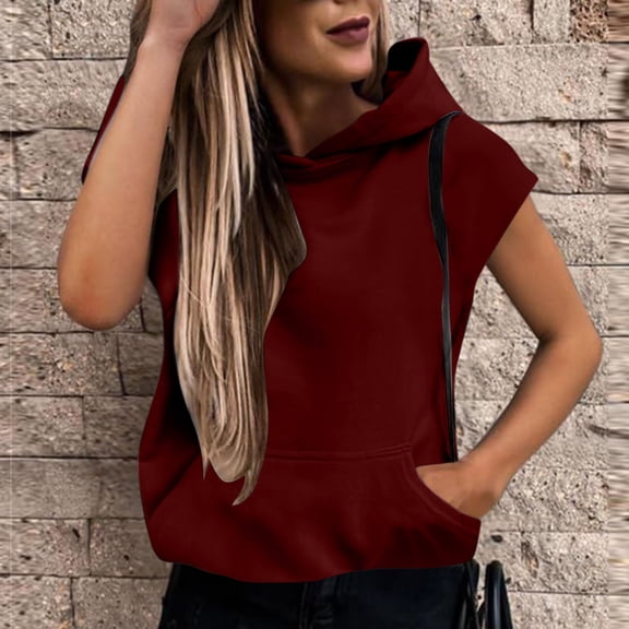Snorda Hoodies for Women Sleeveless Hooded Sweatshirt Casual Solid Color Pullover Hoodie with Pocket Loose Soft Blouse for Daily Looks